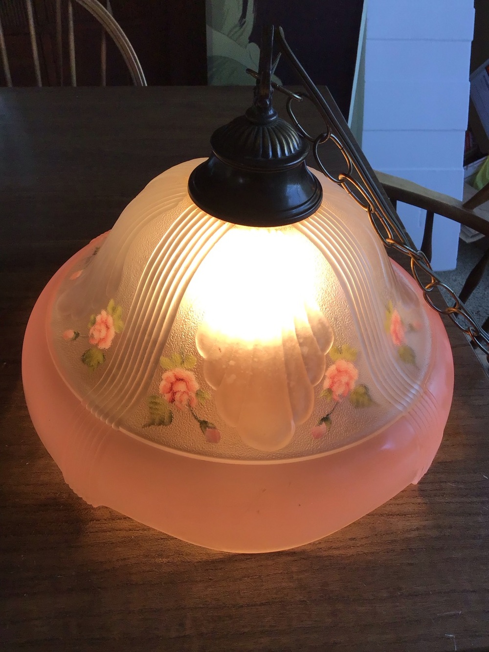 Vintage Cottagecore Pink & White Frosted Lamp with Handpainted Painted Roses